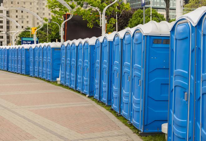 a line of portable restrooms set up for a wedding or special event, ensuring guests have access to comfortable and clean facilities throughout the duration of the celebration in Annapolis Junction, MD